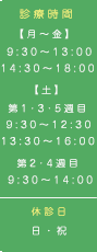 診療時間　月～金　9:30～1300 14:30~1930 土 9:30～14:00 休診日 日・祝